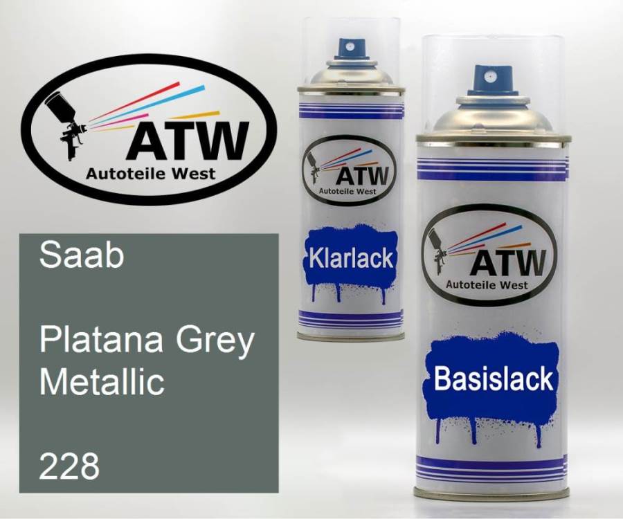 Saab, Platana Grey Metallic, 228: 400ml Sprühdose + 400ml Klarlack - Set, von ATW Autoteile West.